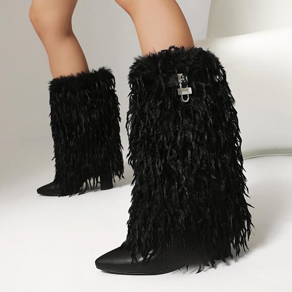 ⚡Women's Black Fold Over Faux Fur Mid Calf Boots Chunky Heel Point Toe - Picture 4 of 7